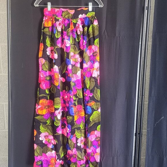 Vtg 70s Floral Maxi Skirt Black Pink Purple Orange Hawaiian Boho Hippie S - Picture 1 of 9